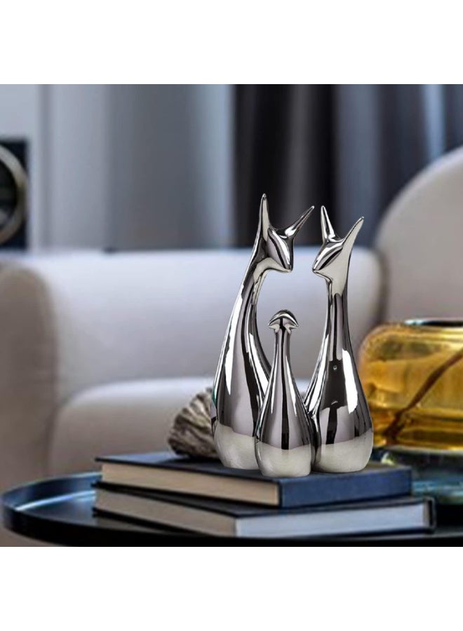 Xtore Home Decor Lucky Silver Deer Statue Family Piano Finish Ceramic Figures - (Set of 3, Silver Set) - Image 5