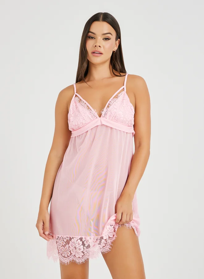 Take Two Take Two Lace Cup Apex Strap Detail Mesh Babydoll