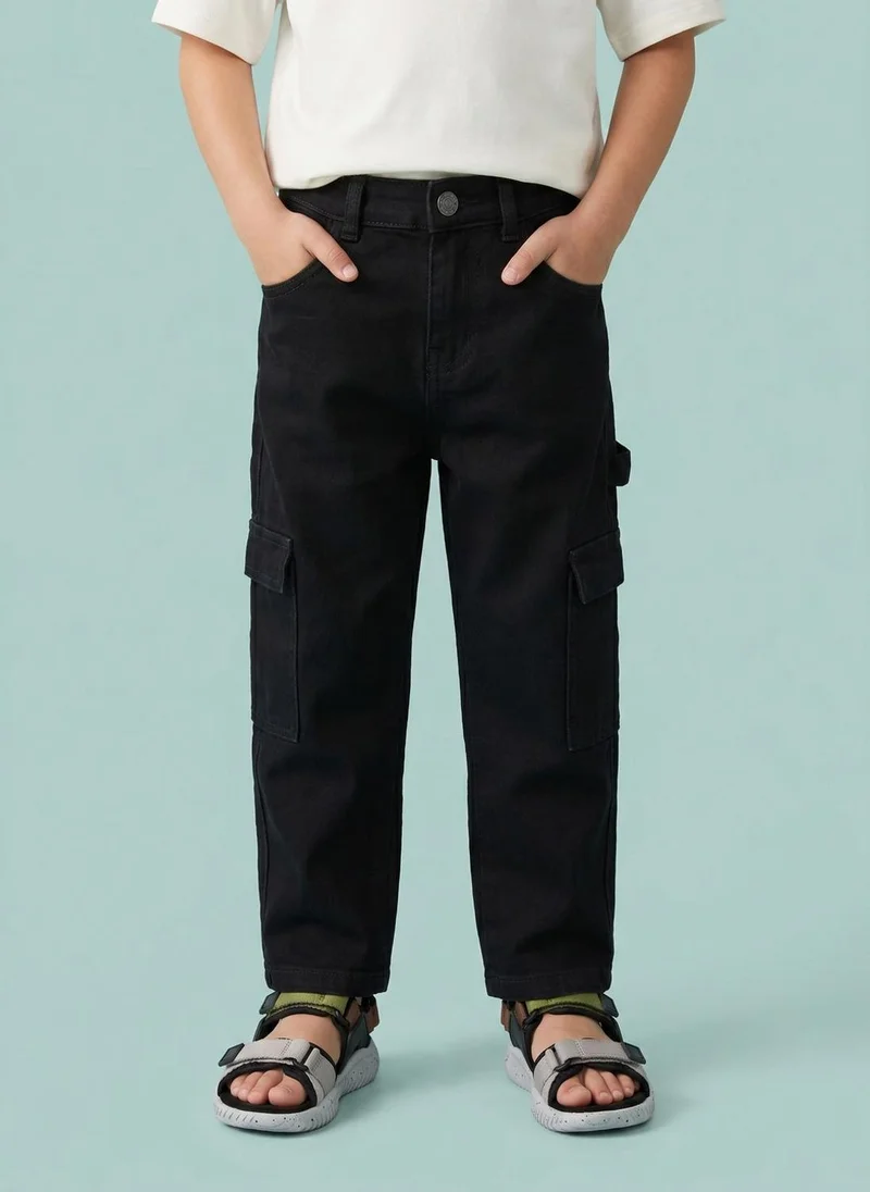 نوتيناتي Nautinati Boys Pure Cotton Black Loose Fit Cargo Jeans