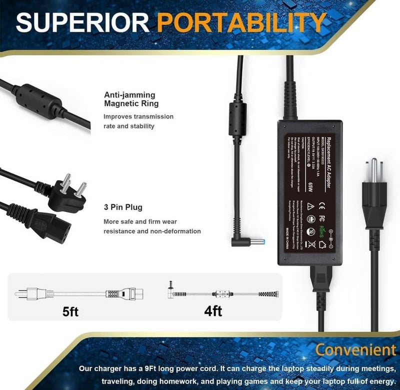 Wefly 65W Laptop Charger Compatible with HP EliteBook 840 850 845 830 820 G9 G8 G7 G6 G5 G4 G3; ProBook 645 650 450 430 440 455 745 735 Laptop AC Adapter Power Cord 19.5V - Image 3