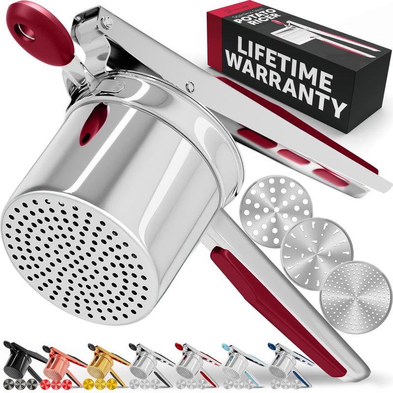 PriorityChef Large 15oz Potato Ricer With 3 Discs Heavy Duty Stainless Steel Potato Ricer for Mashed Potatoes Potato Masher Press and Ricer Kitchen Tool Red
