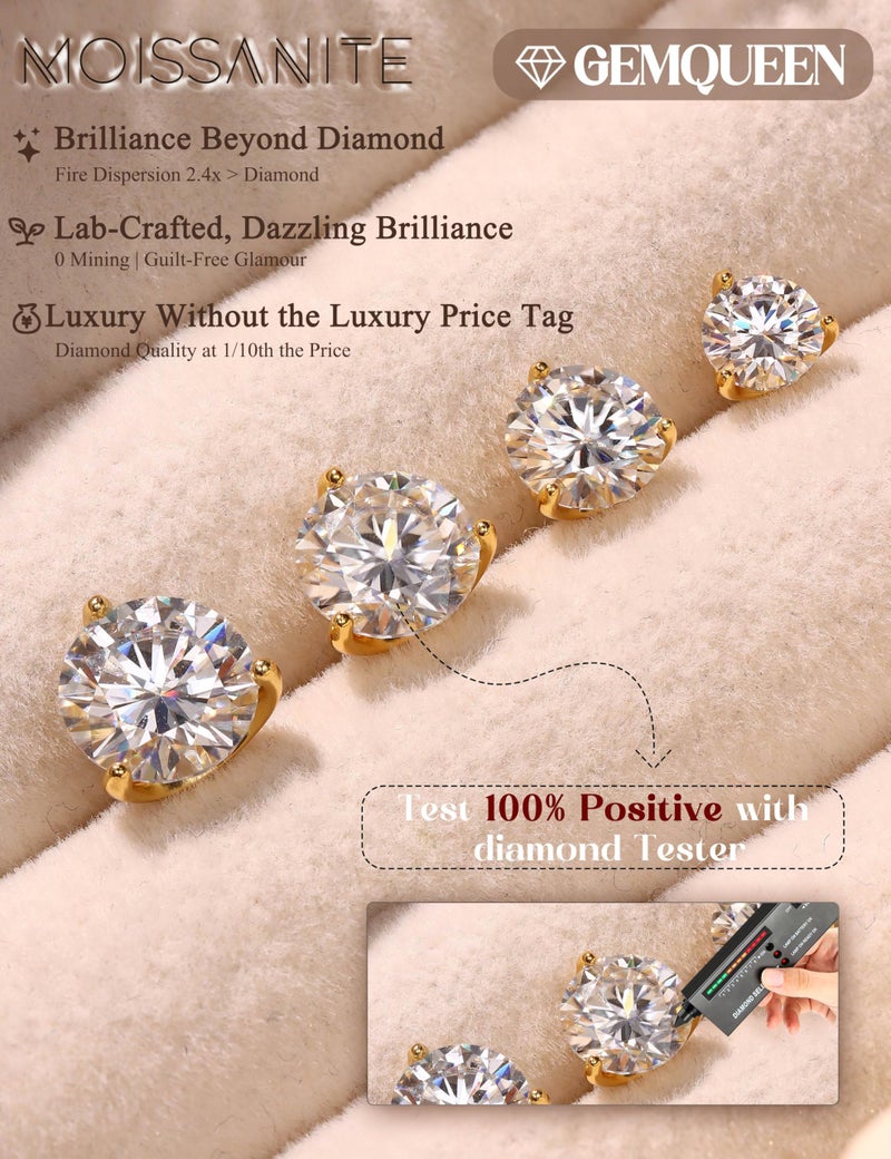 GEMQUEEN Moissanite Earrings Studs for Men Women - 18K Real Gold Plated Solid 925 Sterling Silver Stud Earring Mens Moissanite Jewelry Hypoallergenic for Sensitive Earrings Brilliant Round Cut 4ct - Image 3