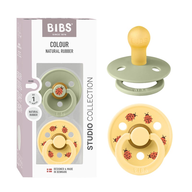 BIBS Studio Soother 2-Pack, BPA Free Dummy Pacifier, Round Nipple. Natural Rubber Latex, Made in Denmark, Size 1 (0-6 Months), Sage/Pale Butter - Image 1