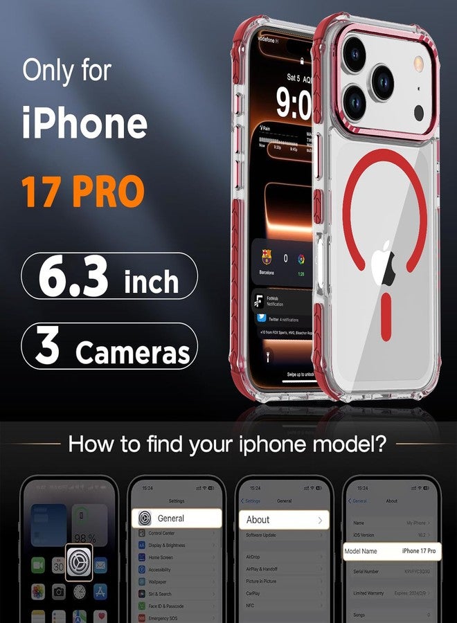 DEERLAMN Strong Magnetic Case for Phone 17 Pro 6.3-Inch,[Compatible with Magsafe] Clear Slim Shockproof Protective Phone Cover for Women Men-Transparent Red - Image 2