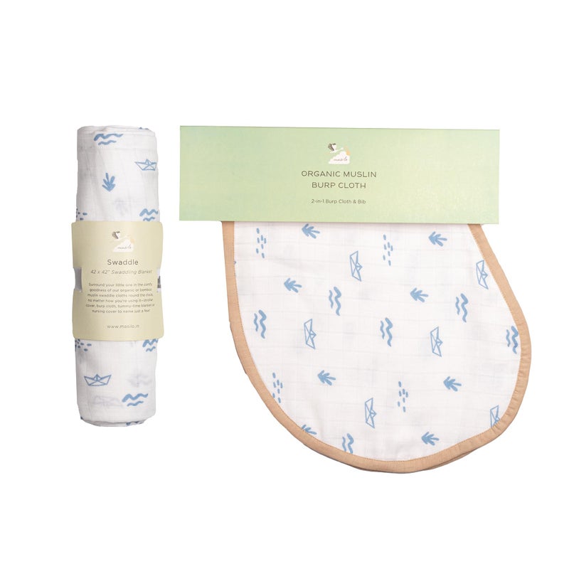 Masilo 100% Organic Muslin Burp Cloth & Swaddle Gift Set for Newborn Boys & Girls/Baby & Infant Essentials/Soft & Comfortable Combo Pack/ (1 x Burp Cloth & Swaddle) - Boat - Image 5