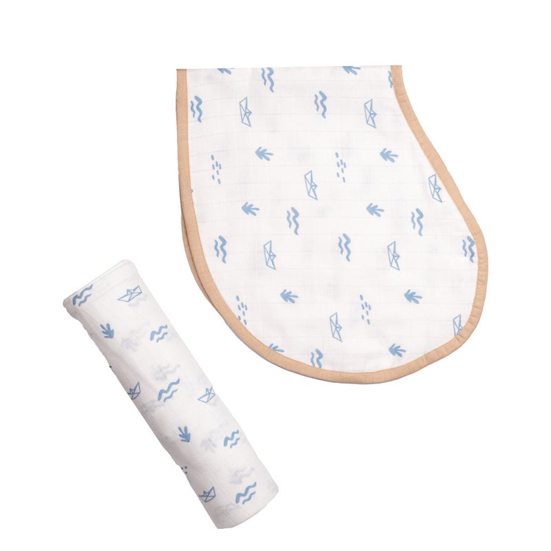 Masilo 100% Organic Muslin Burp Cloth & Swaddle Gift Set for Newborn Boys & Girls/Baby & Infant Essentials/Soft & Comfortable Combo Pack/ (1 x Burp Cloth & Swaddle) - Boat - Image 2