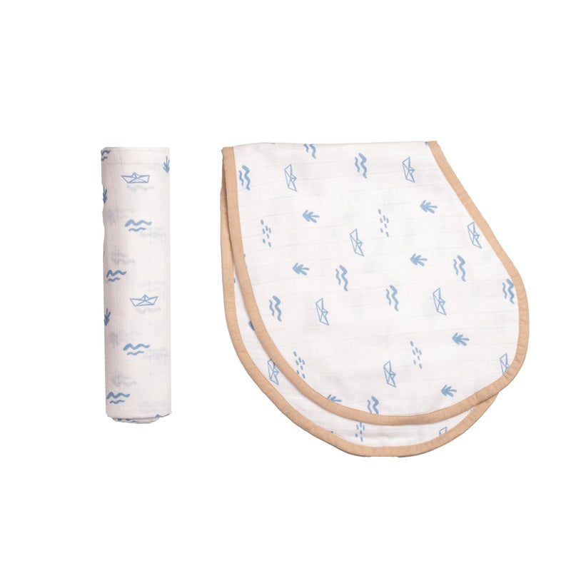 Masilo 100% Organic Muslin Burp Cloth & Swaddle Gift Set for Newborn Boys & Girls/Baby & Infant Essentials/Soft & Comfortable Combo Pack/ (1 x Burp Cloth & Swaddle) - Boat - Image 1