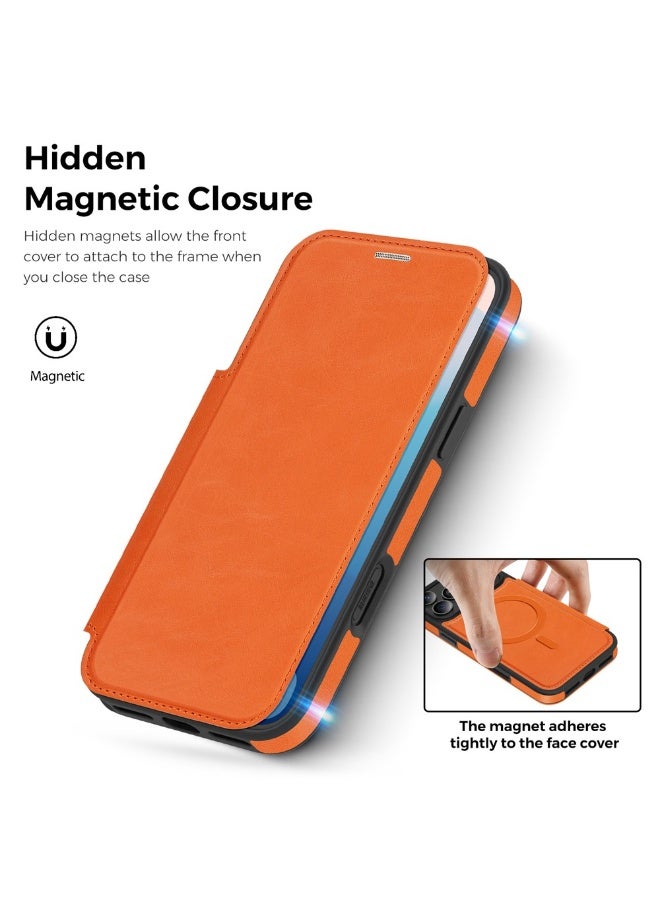 ICARLUS For iPhone 17 Pro Max Case Compatible with MagSafe RFID Blocking Card Holder Leather Phone Cover - Orange - Image 3