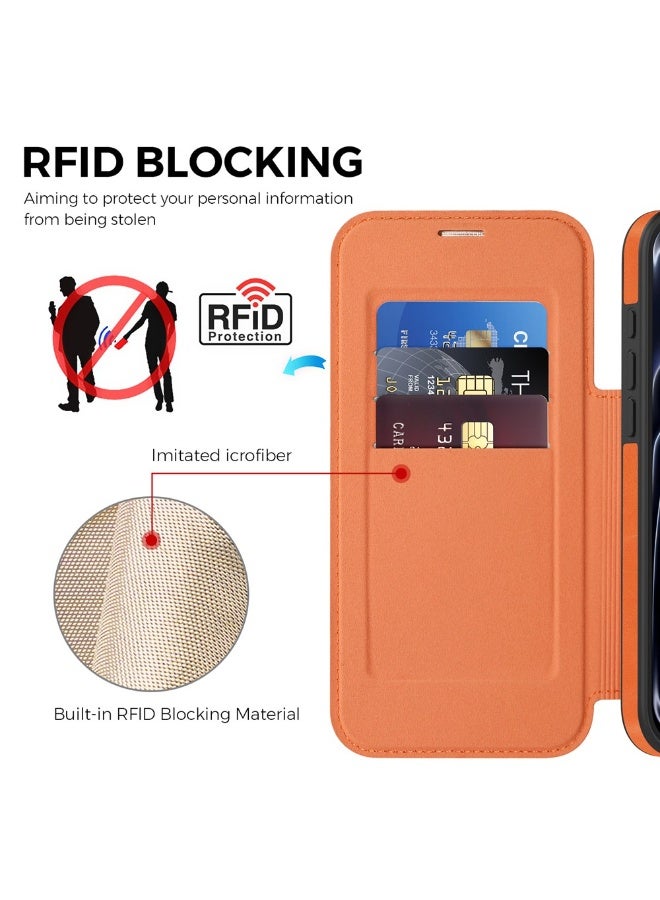 ICARLUS For iPhone 17 Pro Max Case Compatible with MagSafe RFID Blocking Card Holder Leather Phone Cover - Orange - Image 4