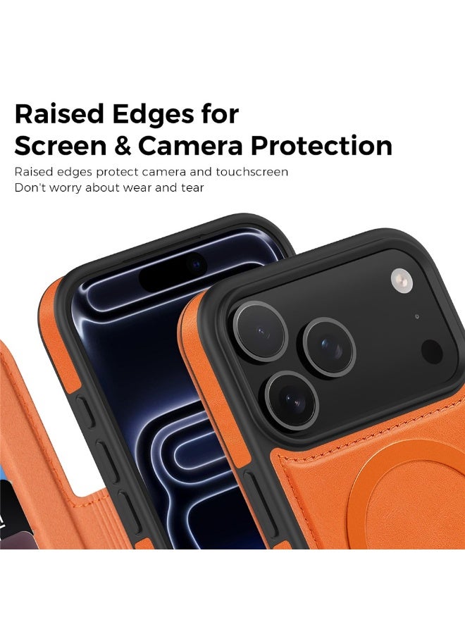 ICARLUS For iPhone 17 Pro Max Case Compatible with MagSafe RFID Blocking Card Holder Leather Phone Cover - Orange - Image 5