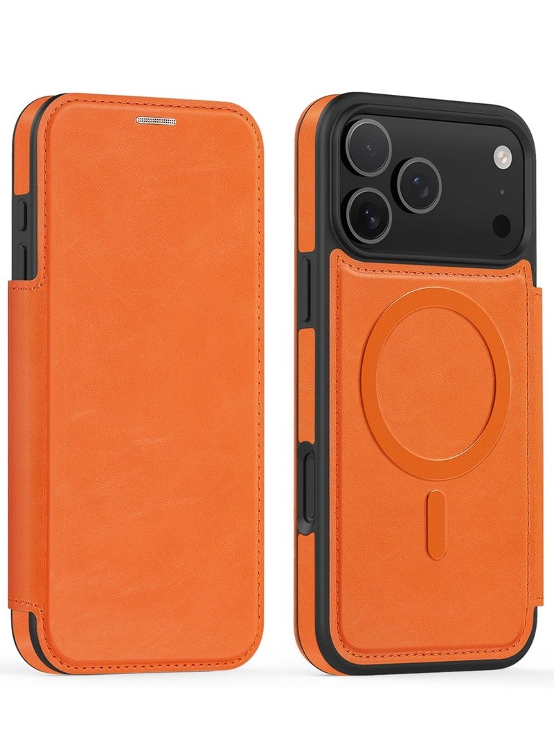 ICARLUS For iPhone 17 Pro Max Case Compatible with MagSafe RFID Blocking Card Holder Leather Phone Cover - Orange - Image 1