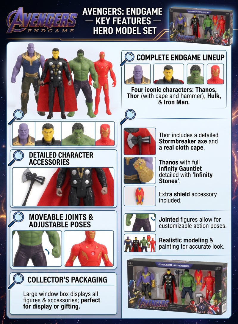 Avengers Endgame Toy Set of 4 Action Figures – Thanos with Infinity Gauntlet, Thor with Stormbreaker & Cape, Hulk & Iron Man with Shield | 6-Inch Movable Superhero Model Dolls & Cake Toppers | Best Birthday Gift & Party Favor for Kids Boys 3+ - Image 2