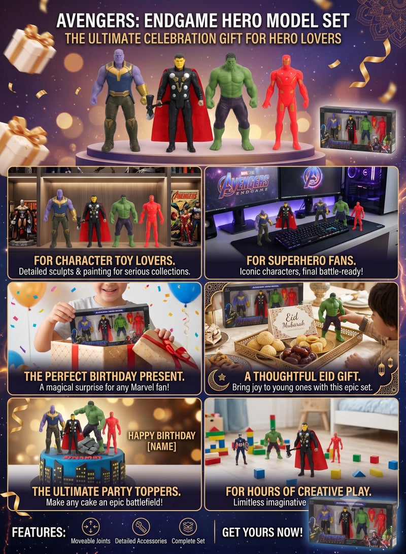 Avengers Endgame Toy Set of 4 Action Figures – Thanos with Infinity Gauntlet, Thor with Stormbreaker & Cape, Hulk & Iron Man with Shield | 6-Inch Movable Superhero Model Dolls & Cake Toppers | Best Birthday Gift & Party Favor for Kids Boys 3+ - Image 3