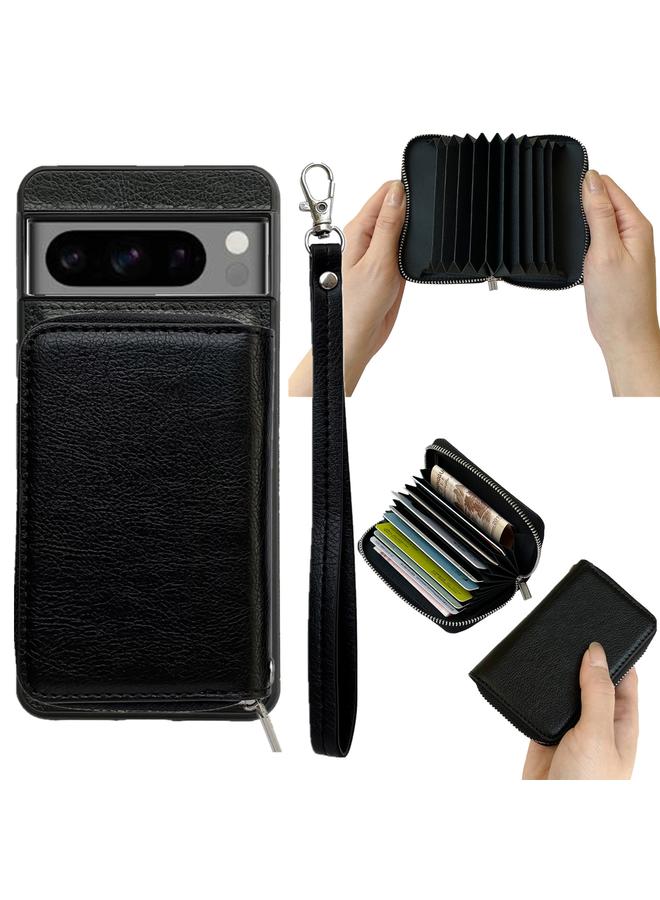 Green Tiger Case For Google Pixel 8 Solid Color Zipper 11-Card Slots Bag Phone Case with Lanyard - Image 1