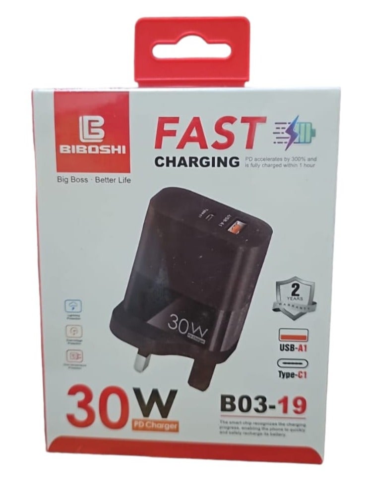 Biboshi Fast Wall Charger with Two PD and USB Ports Capacity 30 Watts