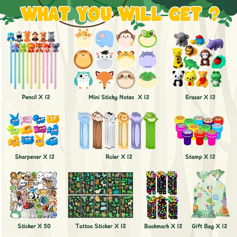 DMIGHT 158Pcs Jungle Safari Animal Party Favors, School Stationery Set, Classroom Birthday Gifts for Students, Wild One Party Favors, Goodie Bags Fillers for Kids, Jungle Theme Decorations - Image 2