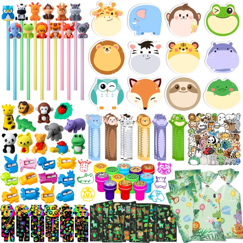 DMIGHT 158Pcs Jungle Safari Animal Party Favors, School Stationery Set, Classroom Birthday Gifts for Students, Wild One Party Favors, Goodie Bags Fillers for Kids, Jungle Theme Decorations - Image 1