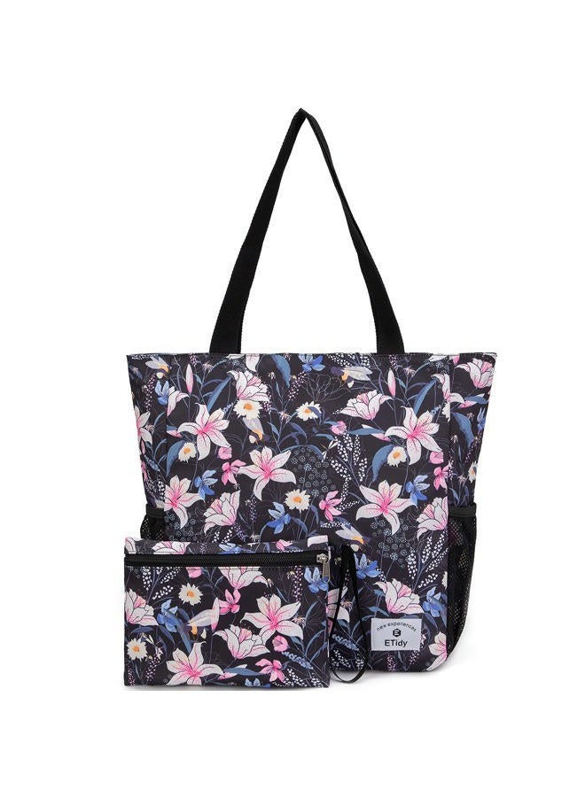 ETidy Large Capacity Foldable Tote Bag With Zipper Water-resistant SandproofWomen Beach Bag Handbag GymBag Travel ShoppingBag, Pink Lily, Large, Casual Daily Use - Image 1