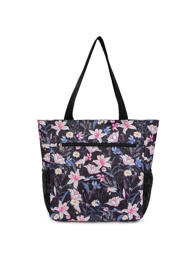 ETidy Large Capacity Foldable Tote Bag With Zipper Water-resistant SandproofWomen Beach Bag Handbag GymBag Travel ShoppingBag, Pink Lily, Large, Casual Daily Use - Image 2