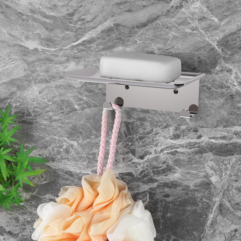 LUEXBOX Soap Dish For Shower  4 Slot Self-Adhesive Soap Holder For Bathroom  Wall Mounted Shower Soap Holder With Hook  Stainless Steel Soap Tray Reflective Silver - Image 4