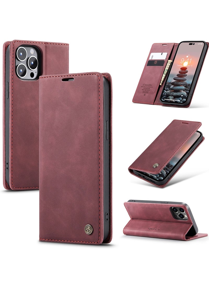 CaseMe Phone Case Luxury PU Leather Design 013 Flip Cover Card Slot Holder Cover For IPhone 15 Pro Max (Wine Red) - Image 1