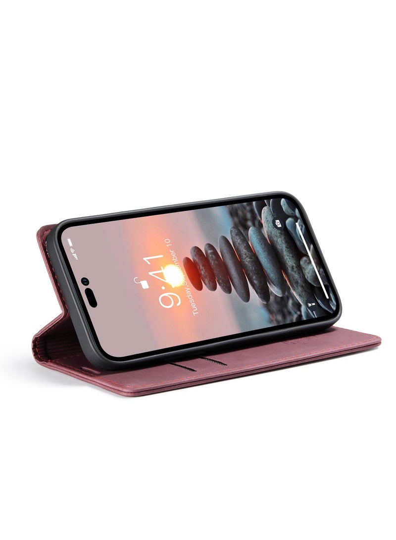 CaseMe Phone Case Luxury PU Leather Design 013 Flip Cover Card Slot Holder Cover For IPhone 15 Pro Max (Wine Red) - Image 3