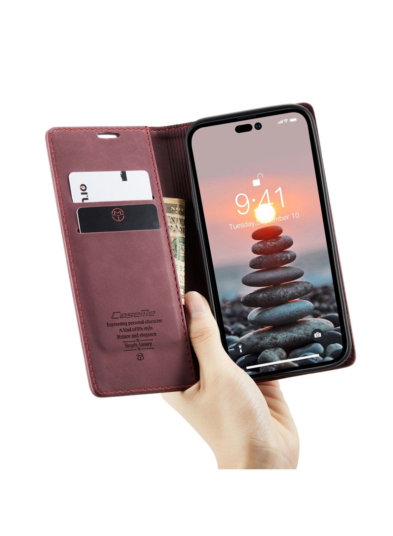 CaseMe Phone Case Luxury PU Leather Design 013 Flip Cover Card Slot Holder Cover For IPhone 15 Pro Max (Wine Red) - Image 4