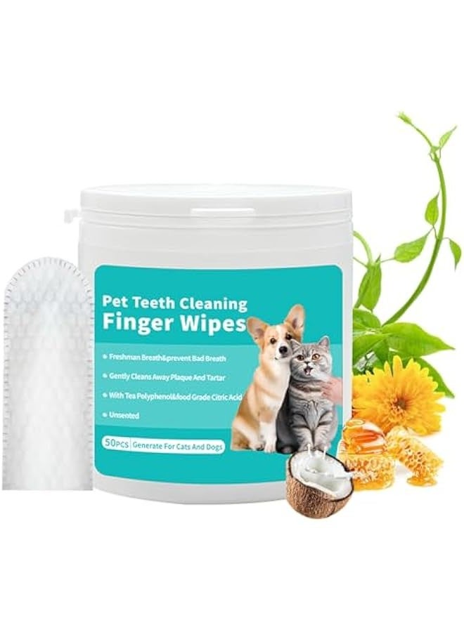 Beauenty -Teeth Cleaning Finger Wipes for Dogs & Cats, Pet Dental Care by Reducing Plaque and Tartar Remove Bad Breath, Disposable Gentle Gum Care Pet Wipes, 50 PCS - Image 1