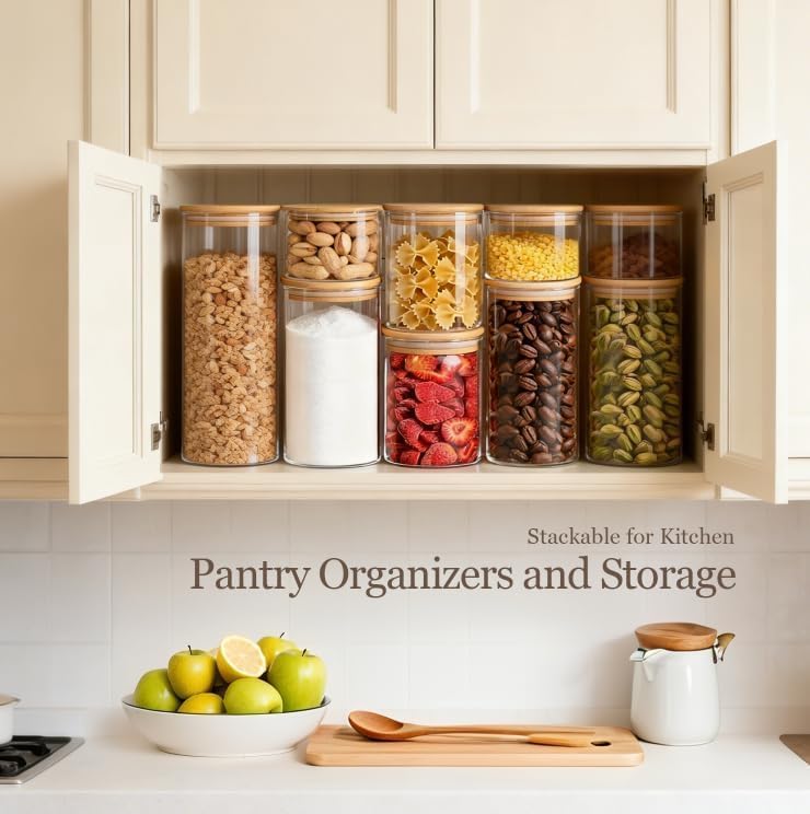 ComSaf Glass Storage Containers with Lids (0.6qt/1qt/1.5qt) Set of 6,Glass Pantry Storage Containers with Airtight Lid & lables for Dry Food, Snacks, Nuts, Stackable for Kitchen, Pantry Organization - Image 3
