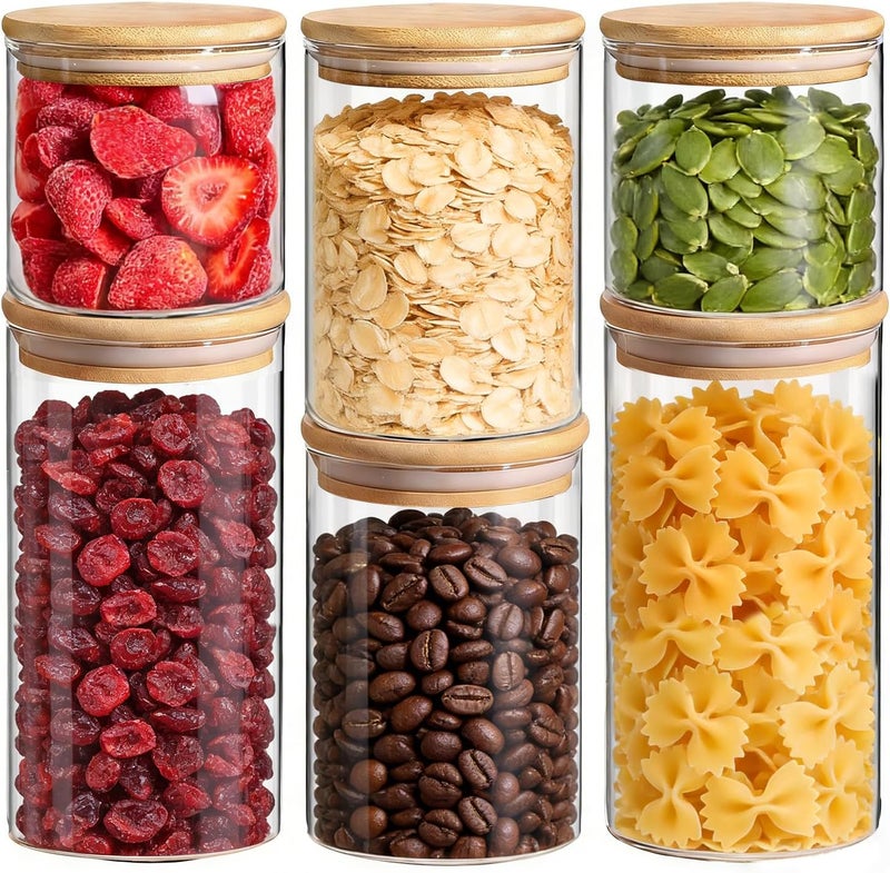 ComSaf Glass Storage Containers with Lids (0.6qt/1qt/1.5qt) Set of 6,Glass Pantry Storage Containers with Airtight Lid & lables for Dry Food, Snacks, Nuts, Stackable for Kitchen, Pantry Organization - Image 1