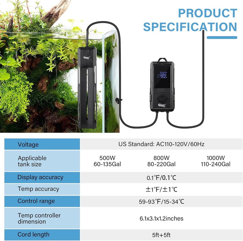 Hygger Submersible Aquarium Heater, 800W with Smart Digital Display Controller and Extra Suction Cup Cup, Auto Shut-Off Protection, for 500-1000L Freshwater Salt Water Tank - Image 3