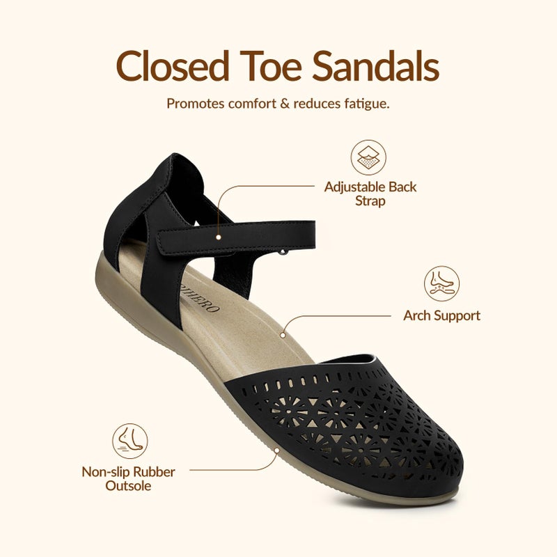 Rihero Womens Closed Toe Sandals Black Dressy Hollow Out Adjustable Ankle Strap Sandals for Women Summer Casual Flats with Arch Support for Office Beach 8 - Image 5