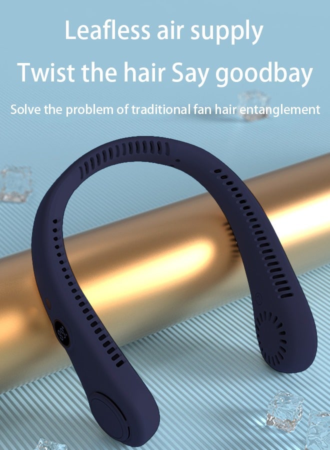 HaveDream LED Digital Display Neck Hanging Fan, Outdoor Sports Student USB Bladeless Turbine Silent High Wind Power Mini Fan-Dark Blue - Image 3