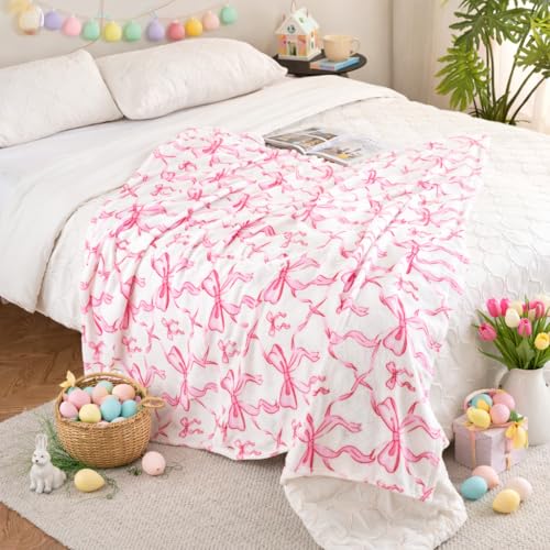 Jungle Star Pink Bow Throw Blanket –Easter Soft Fleece Blanket for Girls and Women, Coquette Aesthetic Room Decor for Bed, Couch, Chair, Preppy Bedroom or Gift, Cute Pink Bow Decor Blanket - Image 2