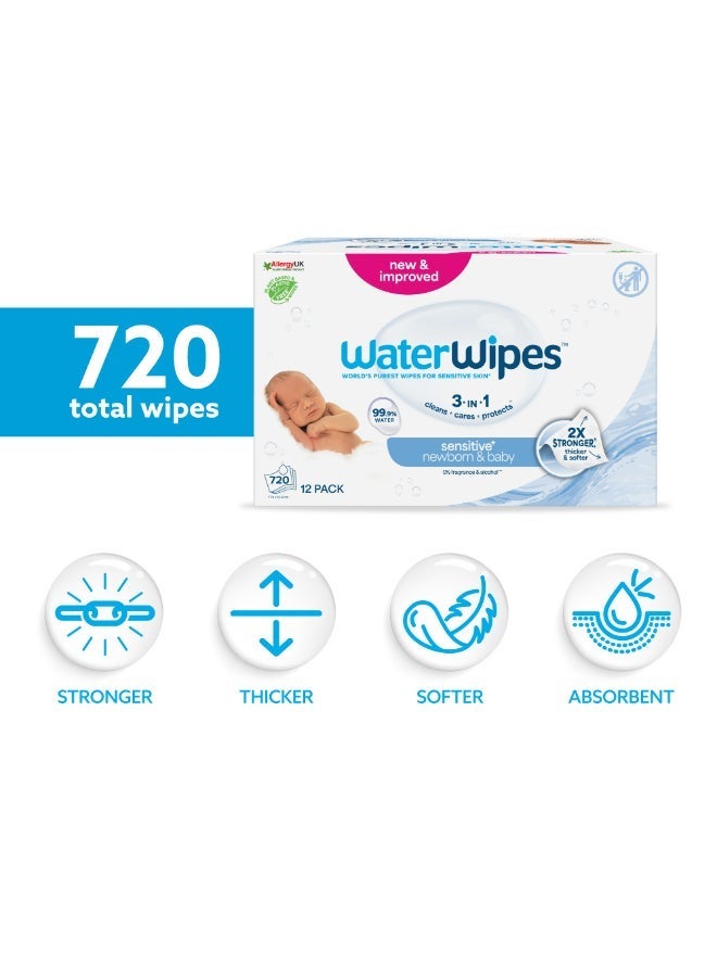 WaterWipes Sensitive+ Newborn & Baby Wipes, 720 Count (12 Packs), 3-In-1 Cleans, Cares, Protects, 99.9% Water, Unscented - Image 2
