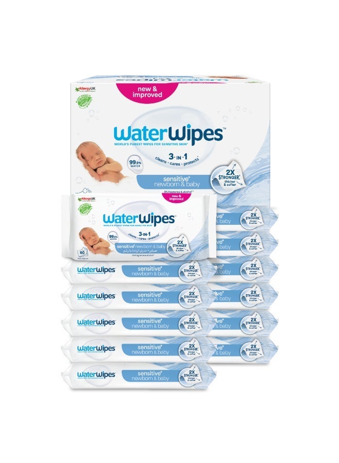 WaterWipes Sensitive+ Newborn & Baby Wipes, 720 Count (12 Packs), 3-In-1 Cleans, Cares, Protects, 99.9% Water, Unscented - Image 1