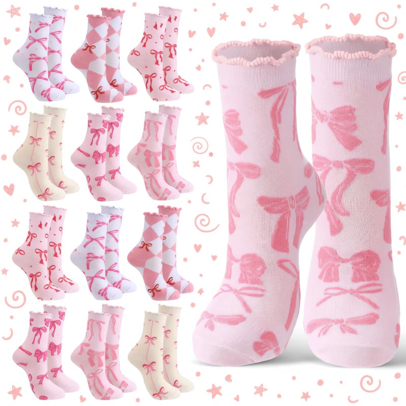 جيديف جوارب جاديف كوكيت الوردية المزينة بفيونكة، جوارب نسائية مبتكرة بتصميم فيونكة وردية، هدية مثالية لتزيين أعياد الميلاد، مقاس واحد - Image 1