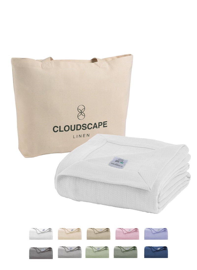 Cloud Scape Linen 100% Cotton Herringbone Blanket for All Season, Soft and Breathable Thermal Blanket,White  - Image 1