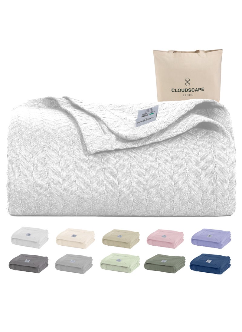 كلاود سكيب لينين 100% Cotton Herringbone Blanket for All Season, Soft and Breathable Thermal Blanket,White  - Image 1
