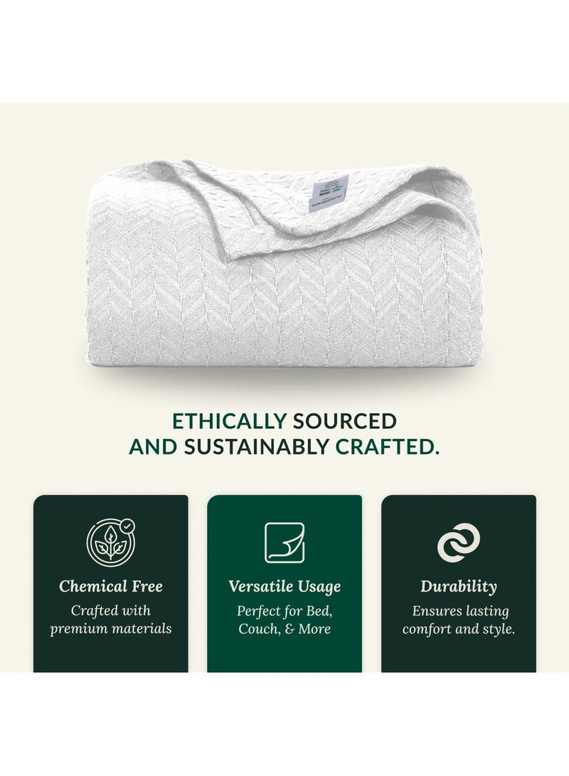 Cloud Scape Linen 100% Cotton Herringbone Blanket for All Season, Soft and Breathable Thermal Blanket,White - Image 3