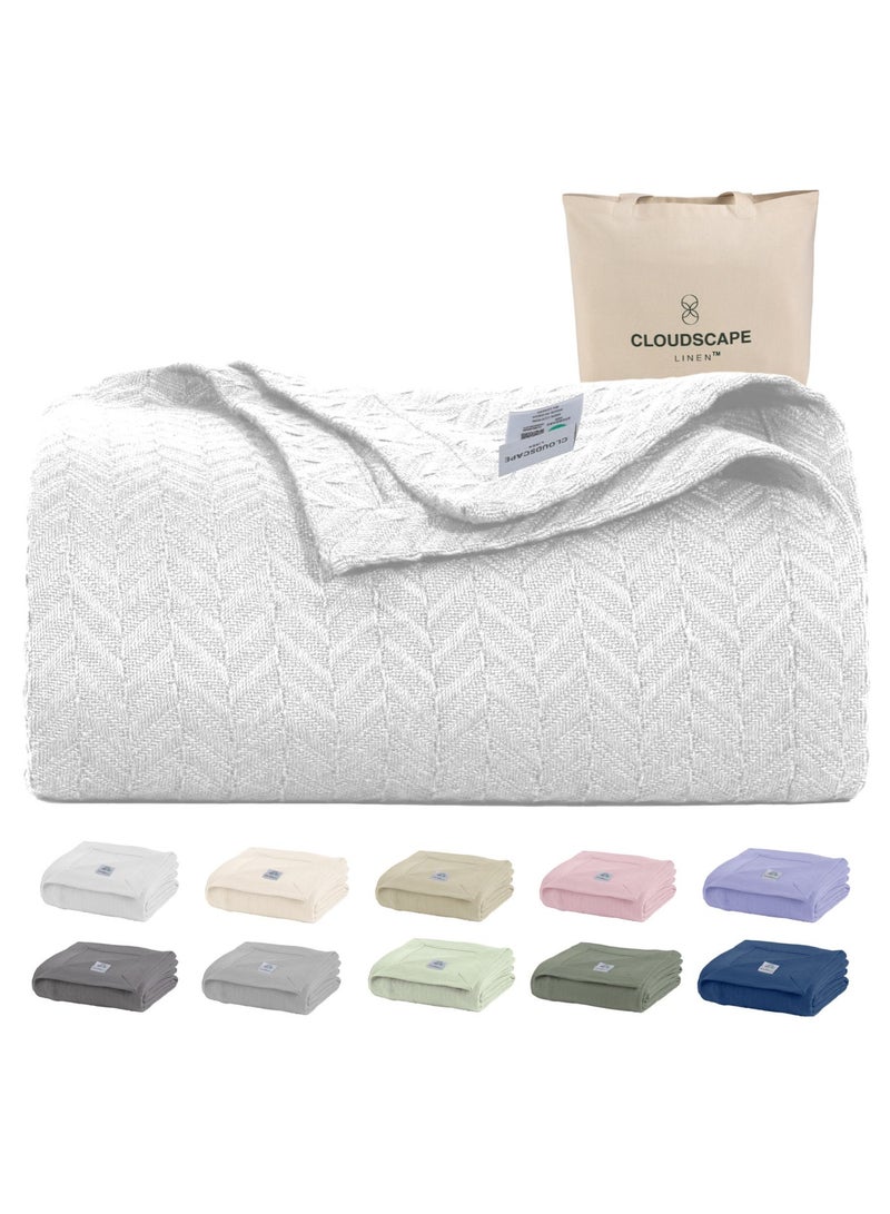 Cloud Scape Linen 100% Cotton Herringbone Blanket for All Season, Soft and Breathable Thermal Blanket,White - Image 2
