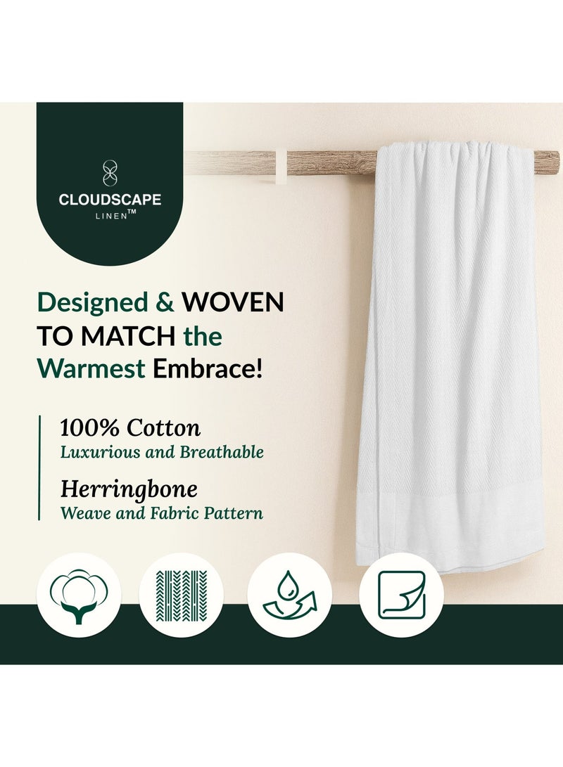 Cloud Scape Linen 100% Cotton Herringbone Blanket for All Season, Soft and Breathable Thermal Blanket,White - Image 5
