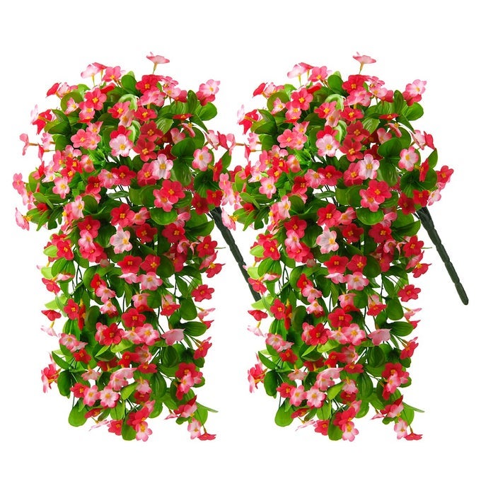 2 Pack Artificial Hanging Flowers Fake Flowers Hanging Plant Violet Flower Artificial Faux Silk Spring Flower for Wall Front Door Yard Garden Wedding Outdoor DecorationDeep Pink