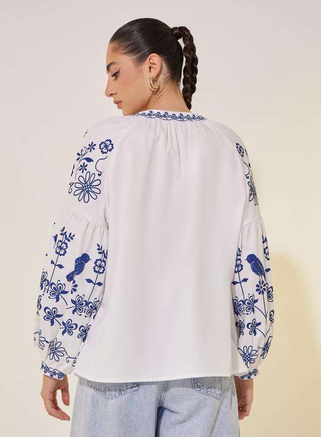 تايك تو بلوزة بأكمام بالون وربطة عنق بطبعة - Image 5