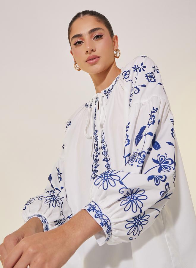 تايك تو بلوزة بأكمام بالون وربطة عنق بطبعة - Image 1