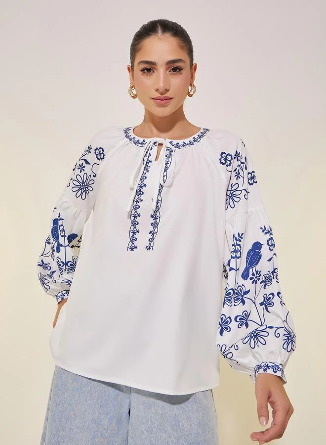 Take Two Printed Tie-Up Neck Balloon Sleeve Top