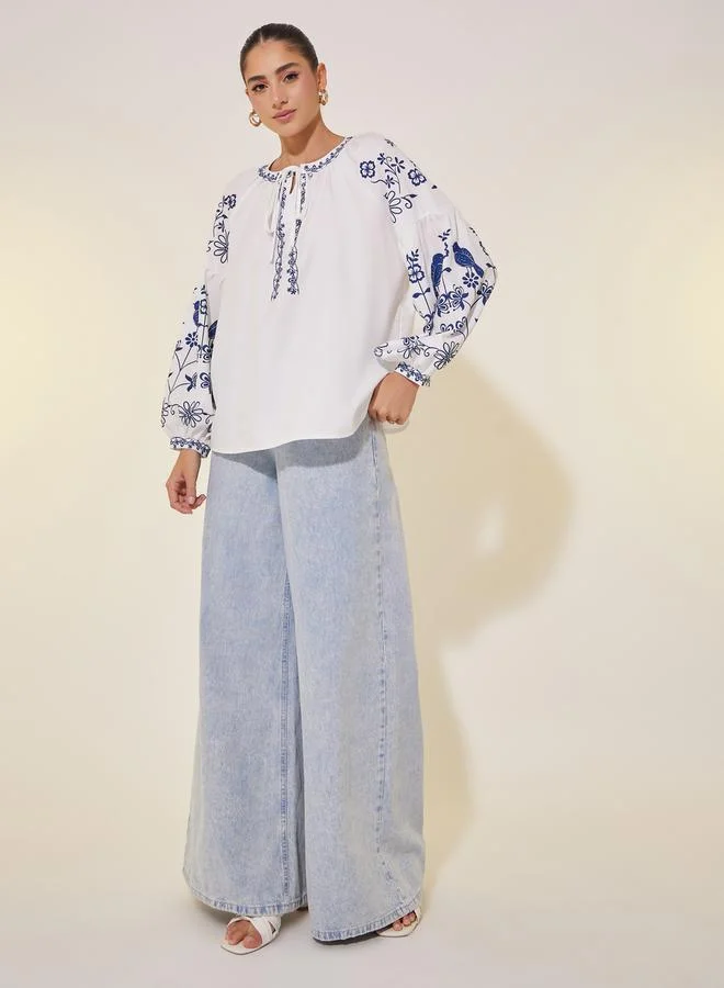 Take Two Printed Tie-Up Neck Balloon Sleeve Top