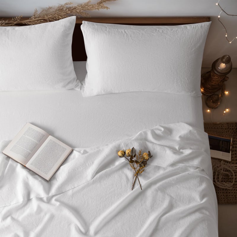 LBRO2M LBR02M 100% Linen Sheet Set King Size  Bed Sheets 4 Piece Sets  Solid Color Natural Flax Bed Sheets Soft Breathable Bedding  16"" Deep Pocket  All Season (King  White)  - Image 1