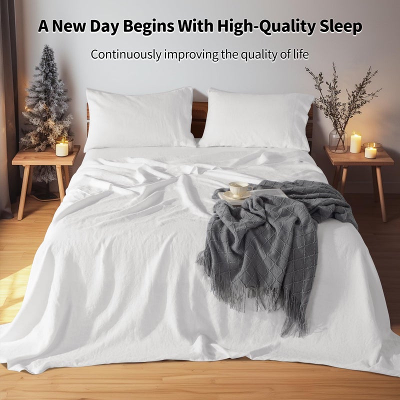 LBRO2M LBR02M 100% Linen Sheet Set King Size  Bed Sheets 4 Piece Sets  Solid Color Natural Flax Bed Sheets Soft Breathable Bedding  16"" Deep Pocket  All Season (King  White)  - Image 2