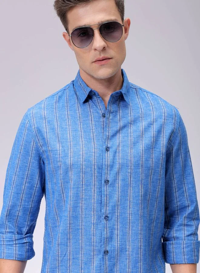 The Indian Garage Co Men Slim Fit Striped Full Sleeves Cutaway Collar Casual Shirt